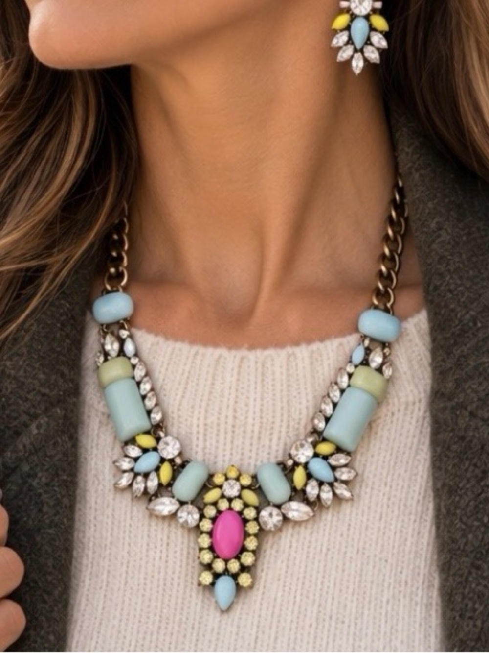 Statement Necklace & Earrings in Blue & Pink